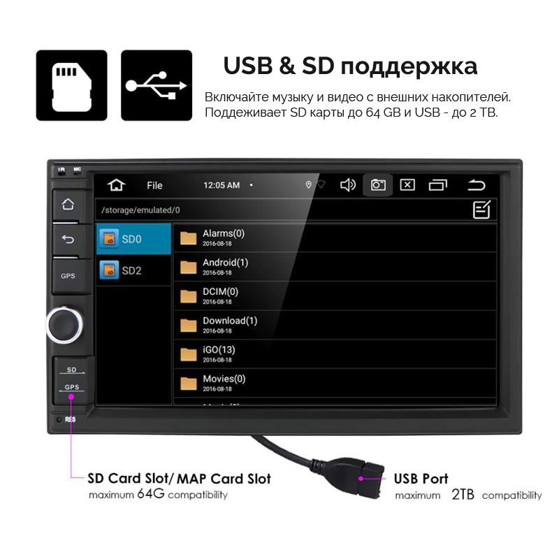 Автомагнитола 2 din (дин) с навигацией GPS поддерживает USB и SD карты памяти