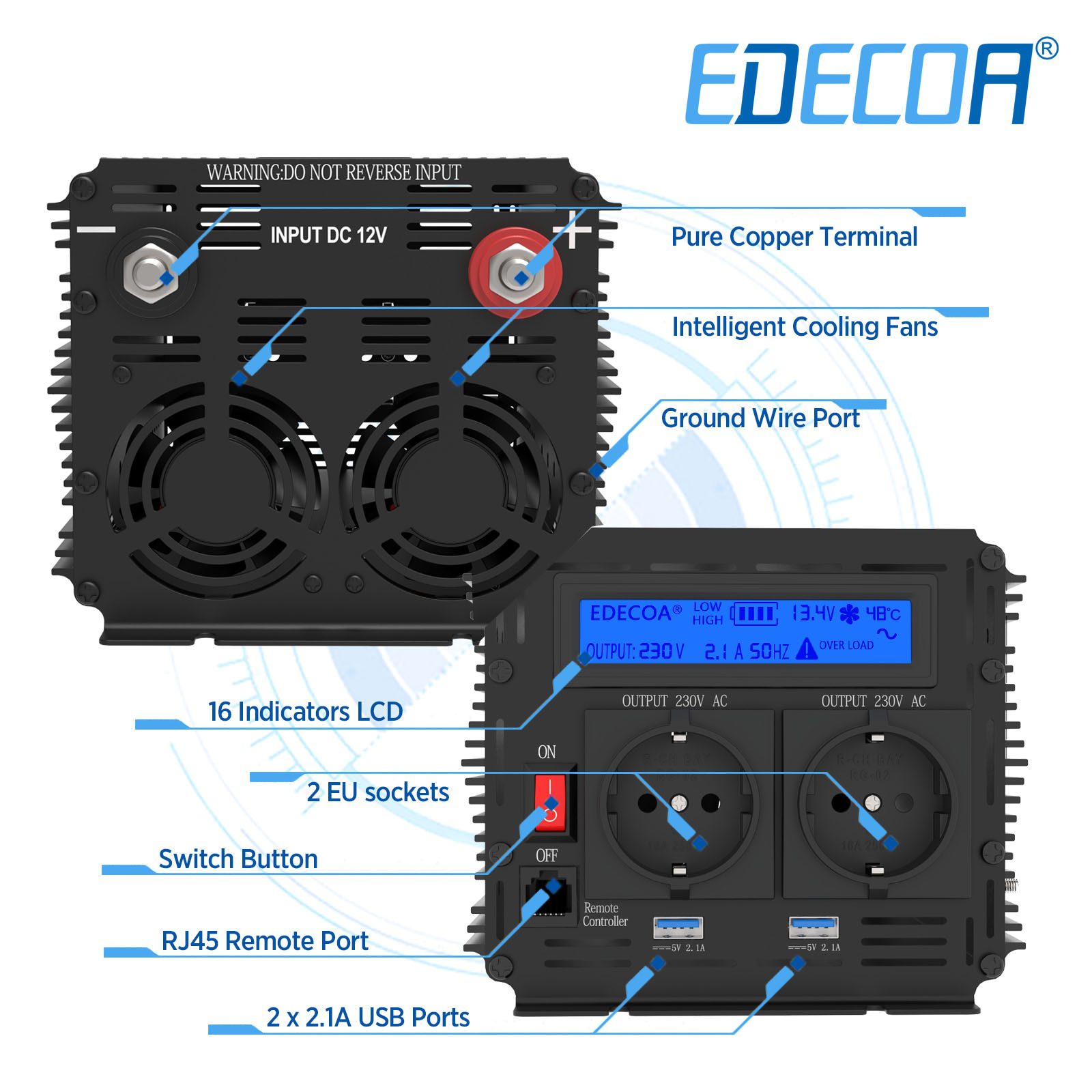 EDECOA Convertisseur 24v 220v Pur Sinus 2000w avec écran LCD 2X