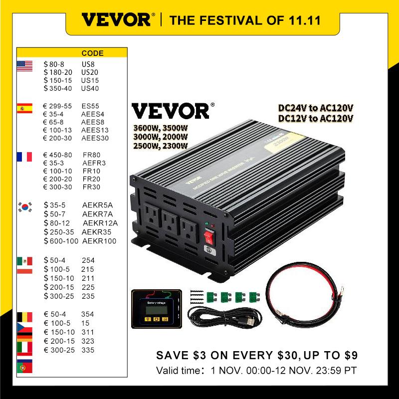 VEVOR Power Inverter for Home Appliances 2000W-3600W DC12V DC24V to AC120V  