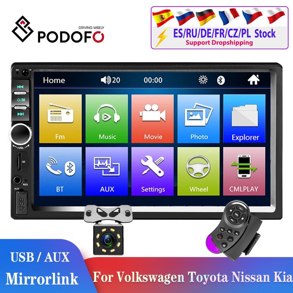 Podofo 2din Car Radio with Mirrorlink MP5 Bluetooth USB FM Camera 