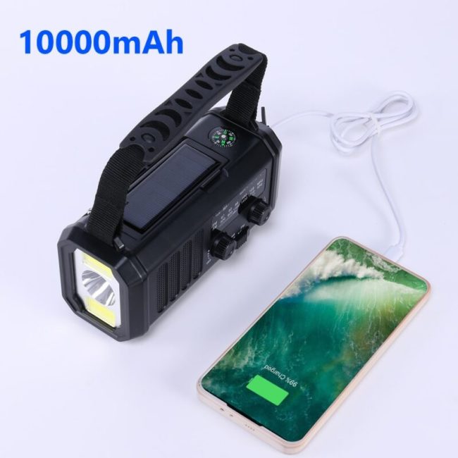 Solar Powered Emergency Power Bank SOS Alarm Type-C Charging Hand Crank Radio with LED Flashlight Multifunctional for Cell Phone 5