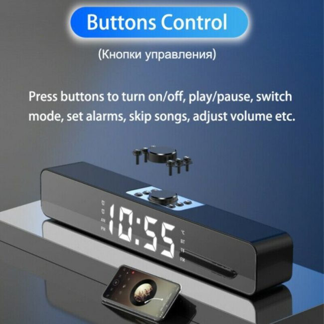 Bluetooth 5.0 Speaker HiFi Stereo Soundbar Noise Cancelling Speaker Wireless Alarm Clock Soundbar Support MP3 WAV WMA Flac APE 5