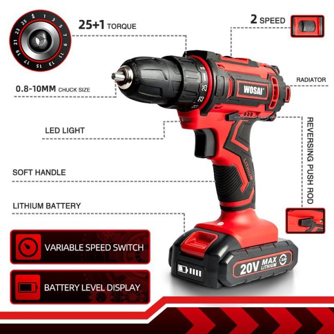 WOSAI 12V 16V 20V Cordless Drill Electric Screwdriver Mini Wireless Power Driver DC Lithium-Ion Battery 3/8-Inch 1