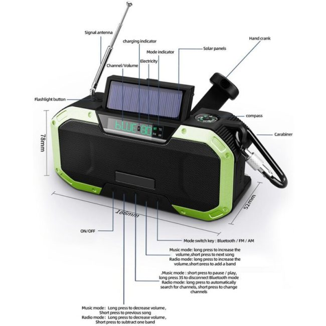 AM/FM Emergency Radio Solar Powered Hand Crank Radio with LED Flashlight 5000mAh Power Bank Phone Charger Bluetooth 5.0 Speaker 4