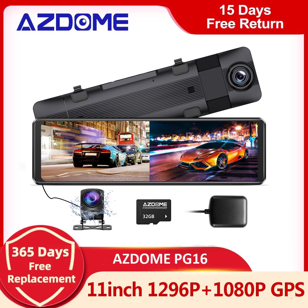 Azdome Pg16S Media Mirror Dash Cam / GPS Touch Screen Dual Camera/Night  Vision - 11inch