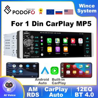 Podofo 1 Din CarPlay MP5 Player 5.1'' Car Radio Android Auto Stereo Receiver AI Voice MP3 Car Multimedia Player Bluetooth FM RDS 1