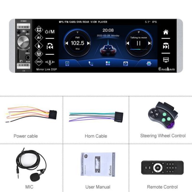 Podofo 1 Din CarPlay MP5 Player 5.1'' Car Radio Android Auto Stereo Receiver AI Voice MP3 Car Multimedia Player Bluetooth FM RDS 6