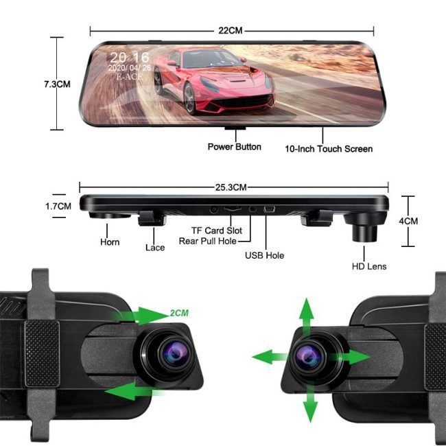 Acceo 1080P Car Dvr 10'' Touch Screen Dash Cam Dual Lens Auto Registrar Stream Mirror Camera Support Rearview Camera Night Visio 6