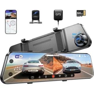 AZDOME PG17 WiFi Rear View Mirror Camera, 12" Dash Cam, Dual 2.5K Front and 1080P for Car, Free 64GB T 1