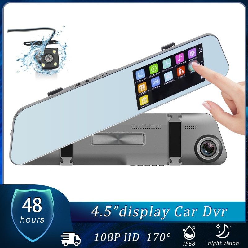Dual Lens Touch screen Car Camera DVR Rearview Mirror 