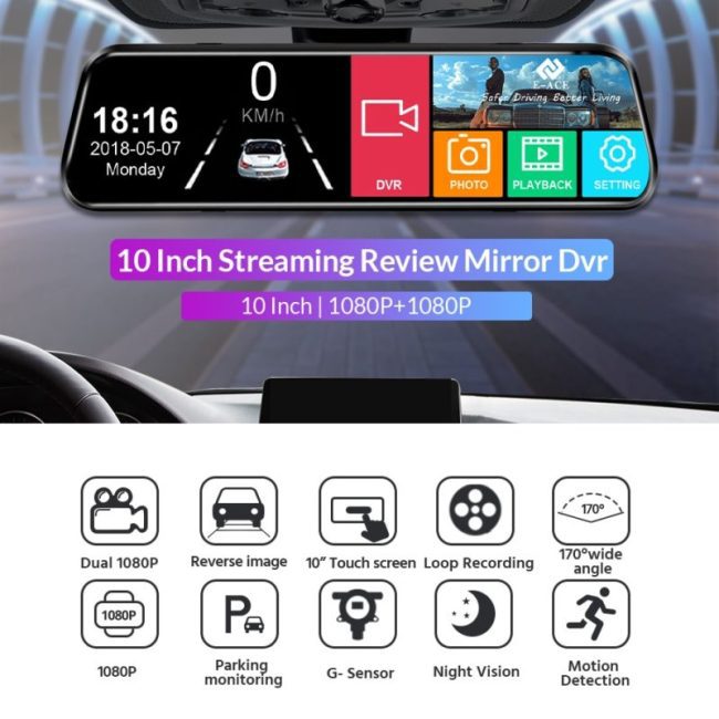 Acceo 1080P Car Dvr 10'' Touch Screen Dash Cam Dual Lens Auto Registrar Stream Mirror Camera Support Rearview Camera Night Visio 2