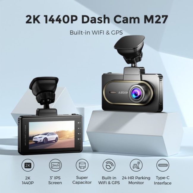 AZDOME M27 Car DVR 2K FHD 1440P Dash Cam Built-in GPS WIFI 3inch IPS Screen Car Recorders Parking Monitor,G-Sensor,Loop Record 5