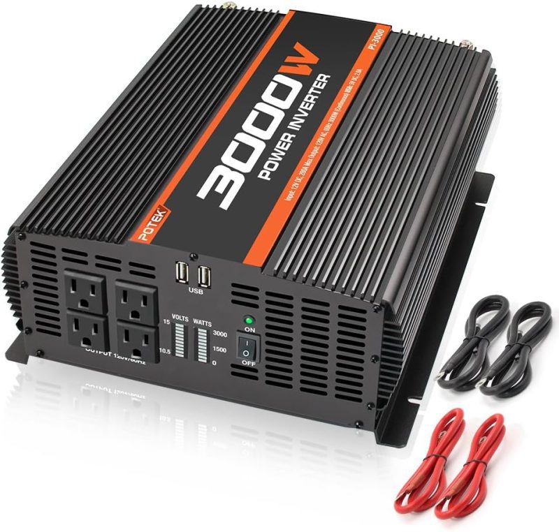 POTEK 3000W Inverter with Four AC Outlets and Dual USB Ports
