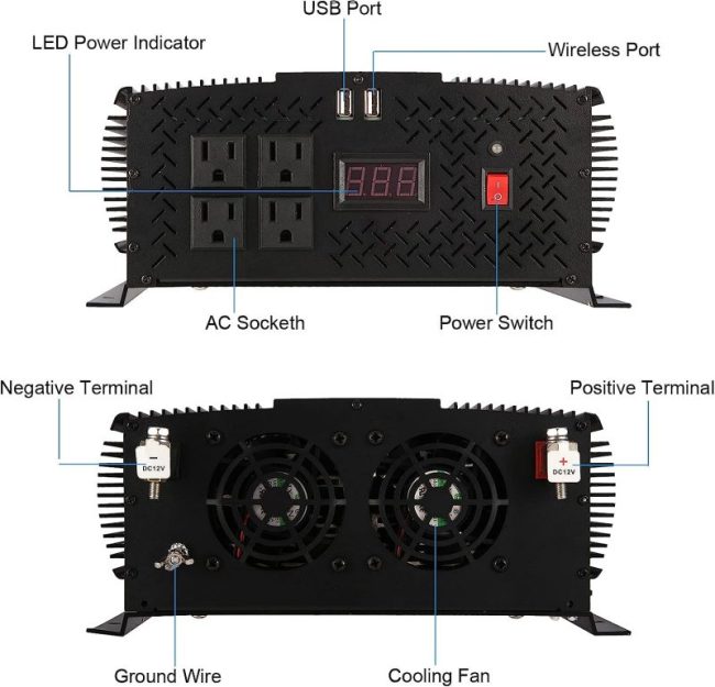 AC DC power inverter, 12v, with built-in cooling fan for over-heat protection