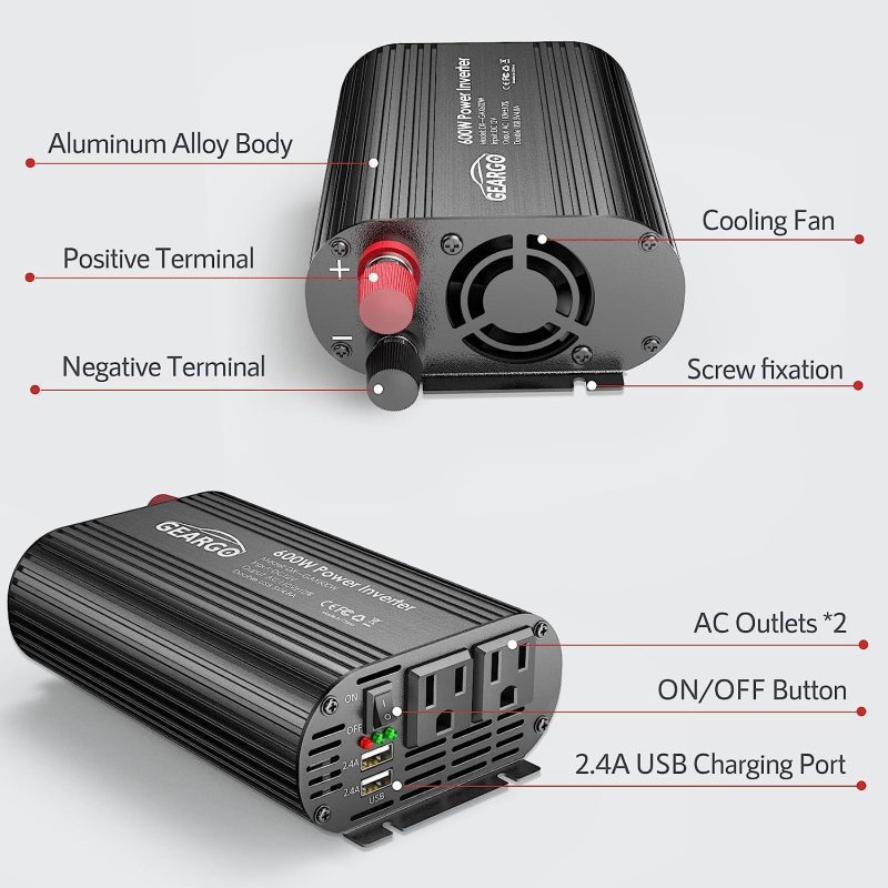 GEARGO 600W Inverter with Strong Alligator Battery Clamp