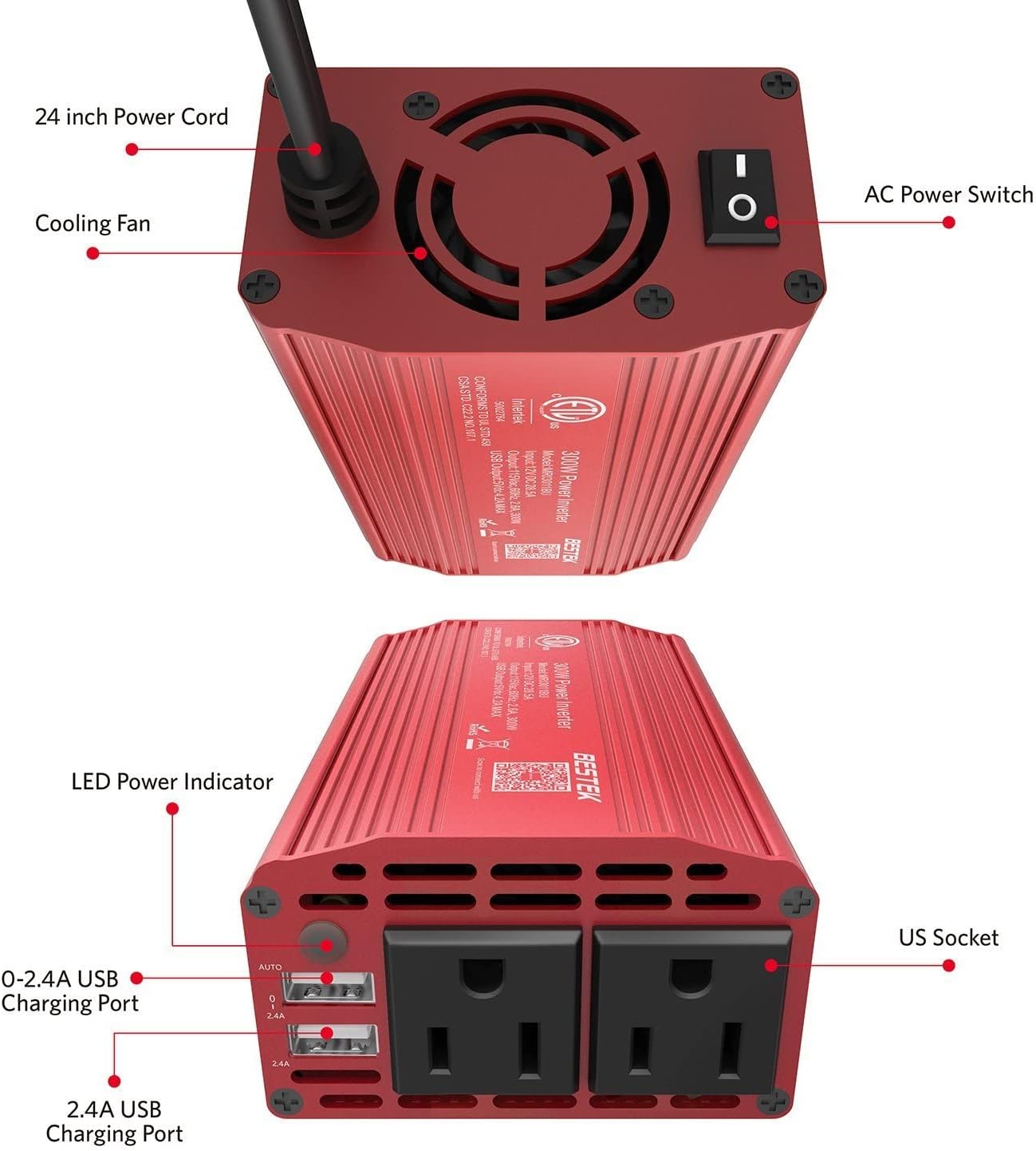 BESTEK 300W Power Inverter - DC 12V to 110V AC, 4.2A Dual USB Car Adapter 