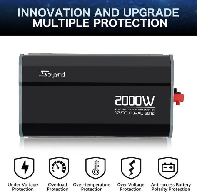 Pure sine wave inverter compatible with various types of batteries and equipped with a free DC battery cable