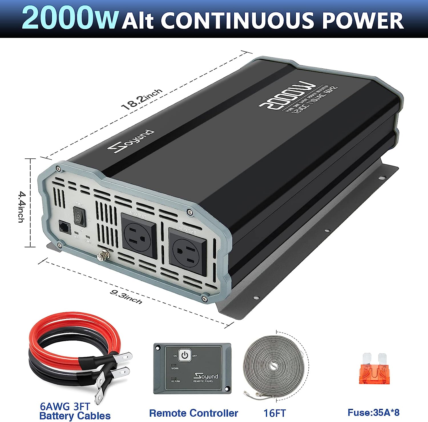 Pure Sine Wave Power Inverter 2000W Soyond 12VDC to 120VAC 