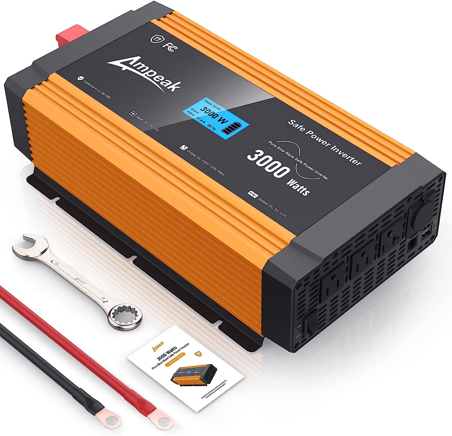 Pure Sine Wave Inverter 3000W by Ampeak: DC 12V to AC 120V, 17 Protections,  3 AC Outlets, Dual USB Ports 