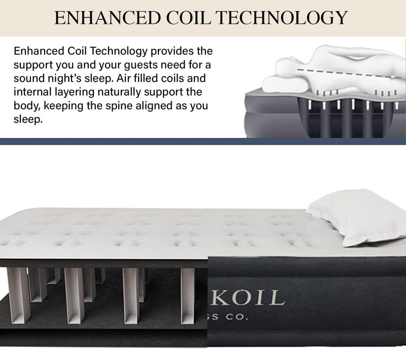 Twin sized King Koil air mattress with coil-beam construction and a built-in 120v / 210w ac pump