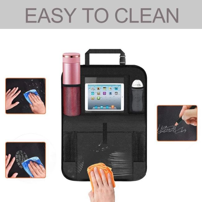 Backseat organizer featuring a clear touch screen pocket for tablets
