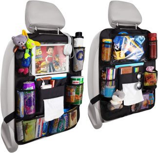 Car backseat organizer with clear iPad holder and tissue box pocket
