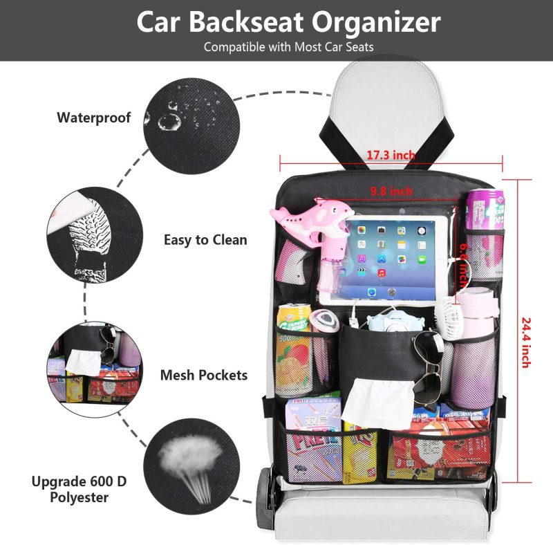 Car seat back protector with multiple storage pockets for various items