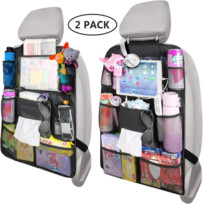 Foldable car seat back protector with touch screen tablet holder