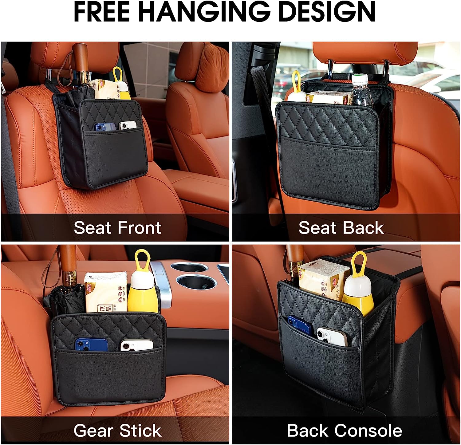 Leather Car Seat Back Hanging Car Storage Bag Seat Backpack - Black