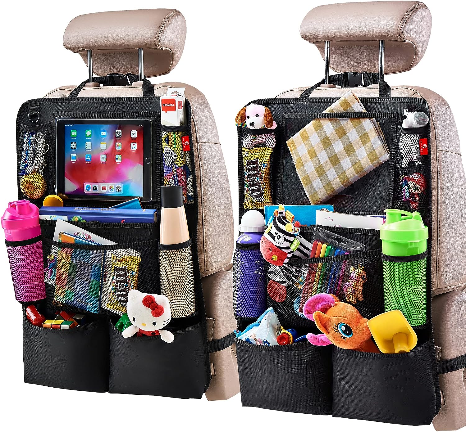 Helteko Car Backseat Organizer with Touch Screen Tablet Holder, Kick Mats  Protector, 9 Pockets, 2 Pack, Black 