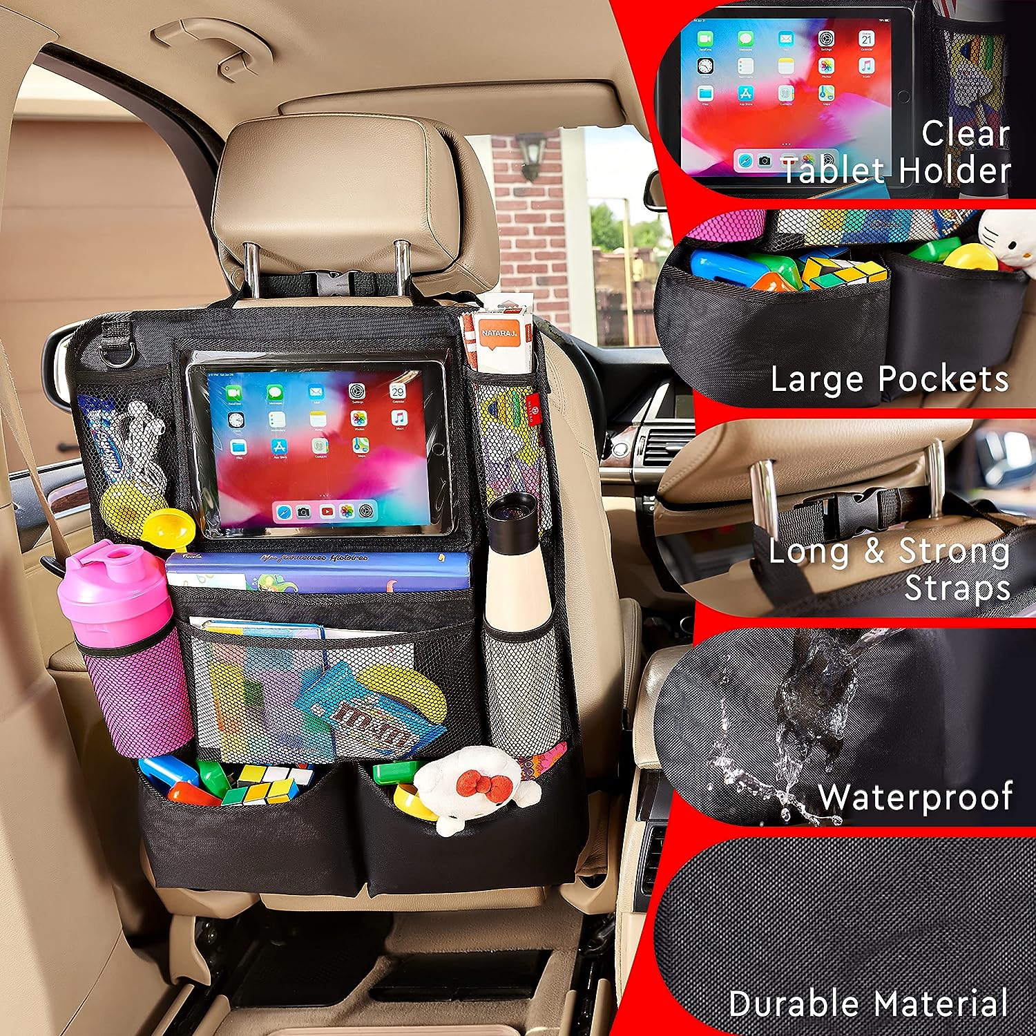 Helteko Car Backseat Organizer with Touch Screen Tablet Holder, Kick Mats  Protector, 9 Pockets, 2 Pack, Black 