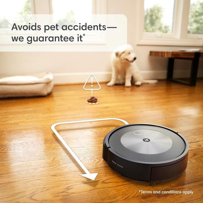 Roomba Combo j5 robot avoiding a pet bowl and toys while vacuuming a living room