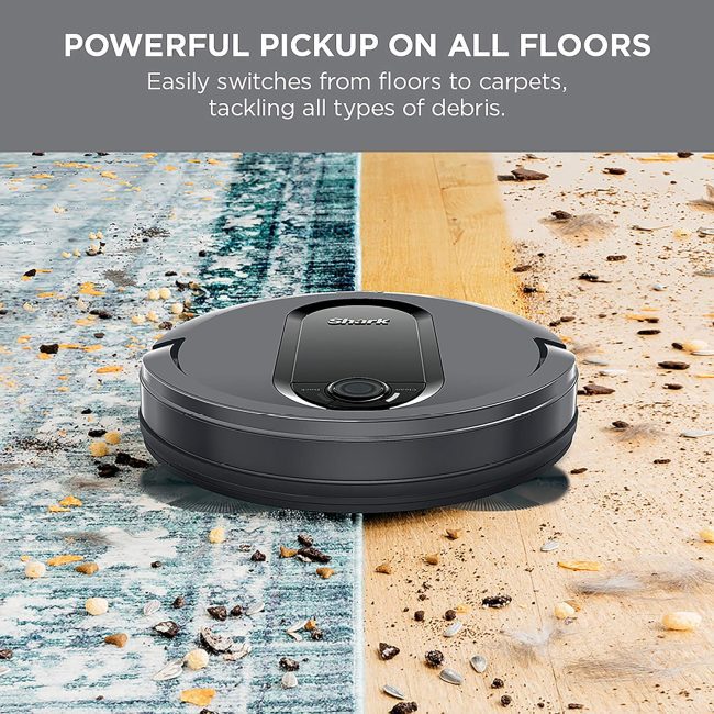 Shark IQ Robot Vacuum designed to handle homes with pets, featuring an extra-large dust bin and high-efficiency filter to trap allergens