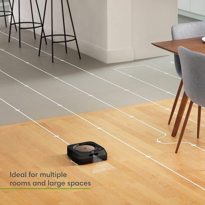 Braava Jet m6 robot mop using Precision Jet Spray to remove sticky messes and kitchen grease