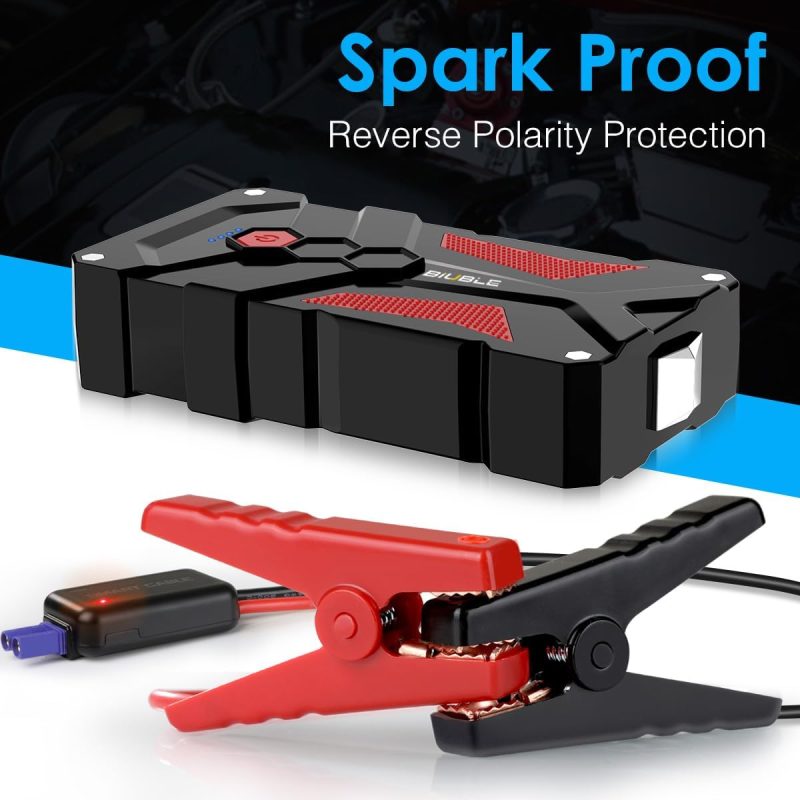 Comprehensive safety features of BIUBLE Jump Starter displayed, including spark-proof and reverse polarity protection
