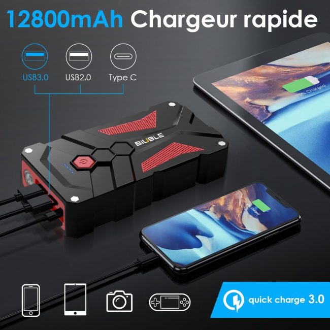Portable BIUBLE Jump Starter with USB Quick Charge3.0 ports charging multiple devices simultaneously