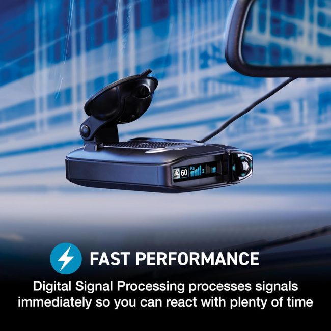 Max Escort 360 radar detector with real-time speed limit data and high-resolution display