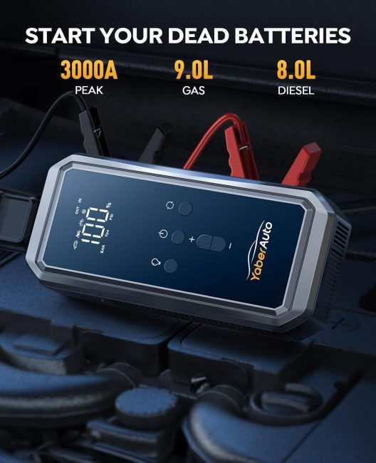 Portable Yaber Jump Starter with integrated air compressor and LCD display