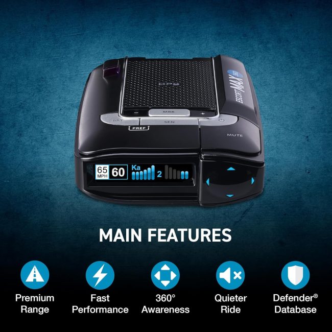 Max 360 Escort radar detector equipped with Bluetooth connectivity and OLED display