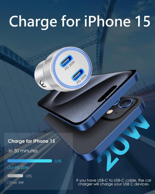 High-Performance Car Charger for iPhone 15 Pro Max with Included USB-C Cables