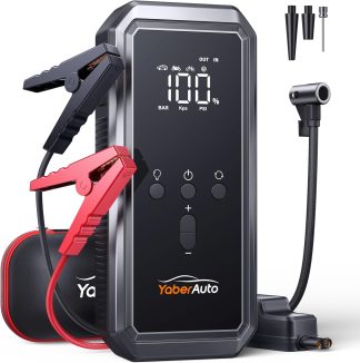 YaberAuto YA70 Portable Jump Starter with Air Compressor inflating a car tire