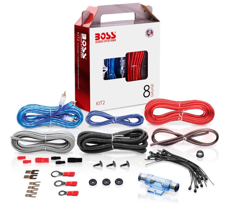 Boss amplifier installation kit which includes wiring harnesses