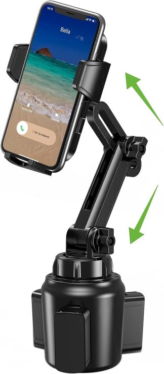 EOCAHO cup holder phone mount with expandable base installed in a car, showcasing its compatibility with various phone sizes and secure grip