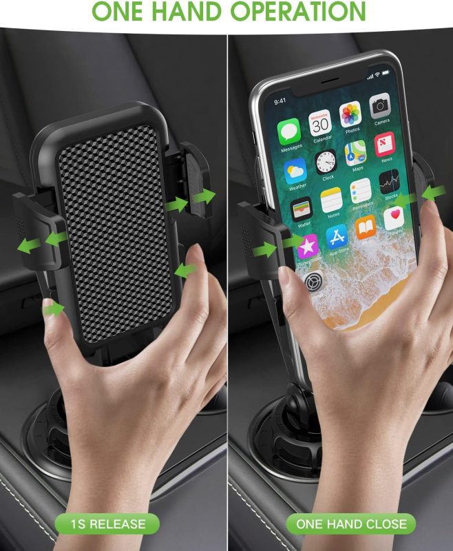 EOCAHO car phone holder with a weighted base and three extensions to fit snugly in various cup holder sizes without flying out