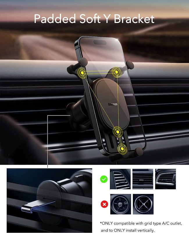 Rubber-Padded Arms and Anti-Shake Y Shape Bracket of Baseus Car Mount Protecting Phone from Scratches
