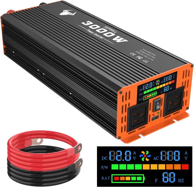 3000 Watt Power Inverter, Car/Home 12V DC to 110V AC Converter, with LED Display, Dual AC Outlets, USB Port, Dual Smart Fans, Cables Included, Suitable for Home, RV - 3000W Y