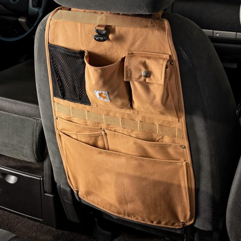 Carhartt seat back organizer designed to fit universally in vehicles, featuring adjustable straps