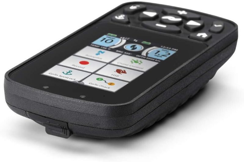 Minn Kota Terrova i-Pilot Link remote with touch screen showing navigation icons
