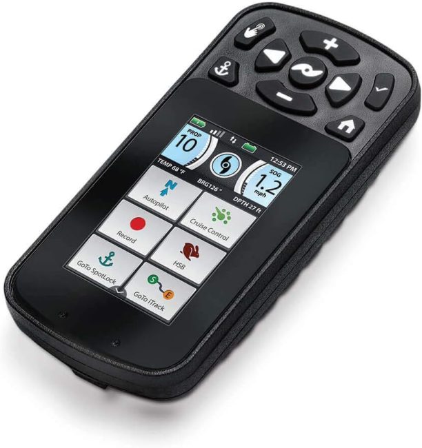 Handheld Minn Kota Terrova i-Pilot Link remote displaying autopilot, cruise control, and fishing features with depth and temperature readouts