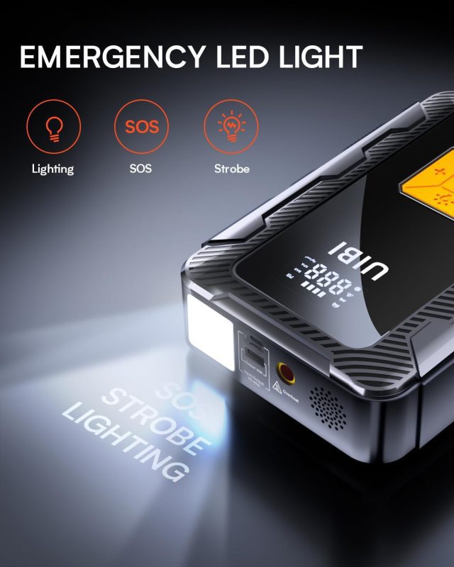 An emergency LED light with digital display, SOS, strobe lighting features, and charging port for outdoor use